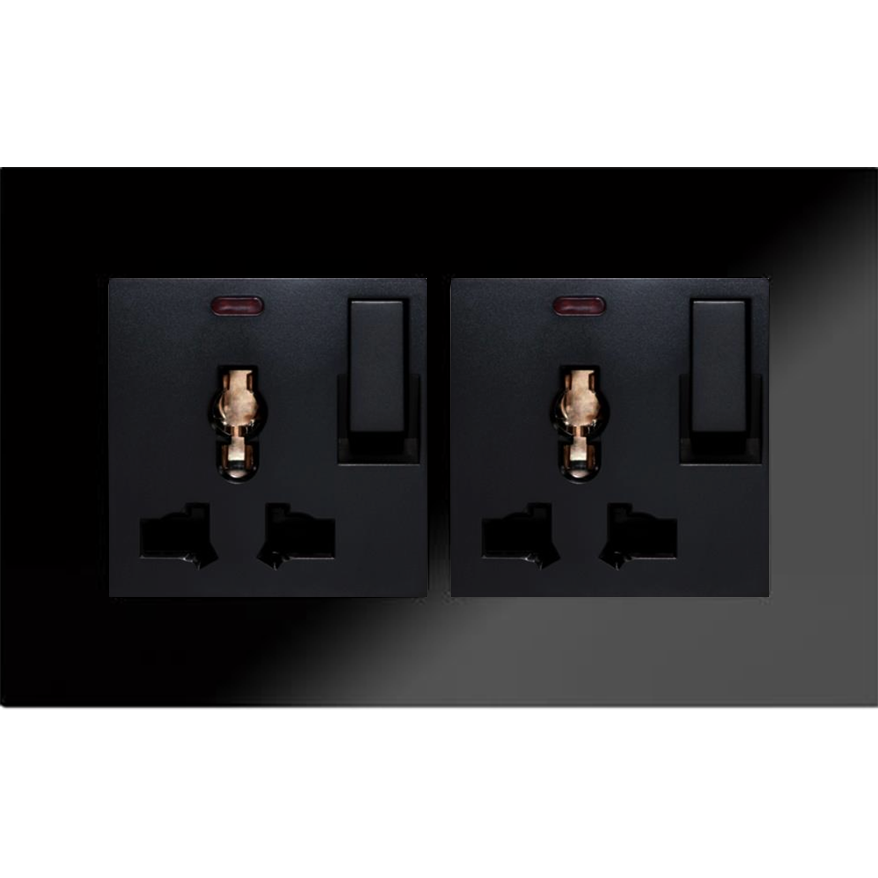 SOL-COV2-GLS-B & SOL-PLG-UNV-B Black Glass 2 Gang Universal switched socket 2p with LED